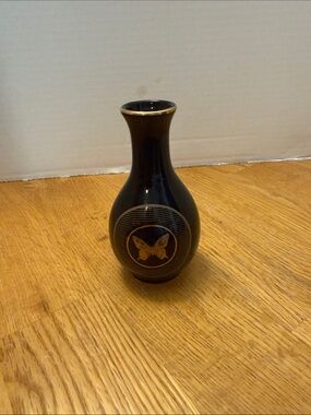 Black Porcelain Butterfly Accent Vase with Gold Trim